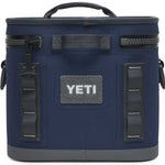 Yeti Hopper Flip 8 Personal Cooler - A navy blue cooler with a handle on top and two zippered compartments, one on each side.
