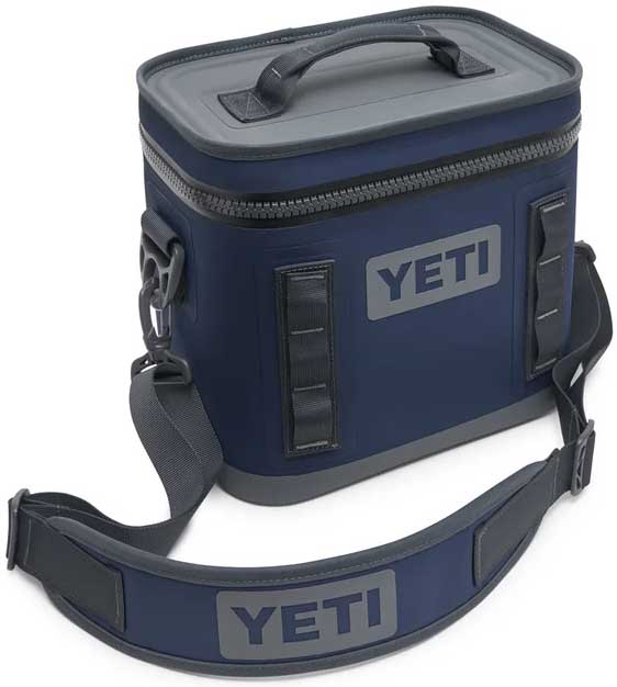 Yeti Hopper Flip 8 Personal Cooler - A navy blue cooler with a zippered lid and two handles, featuring a gray logo on one side.