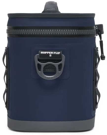 Yeti Hopper Flip 8 Personal Cooler - A dark gray cooler with a zippered top and handle on top, featuring a small black logo that reads "YETI" in white letters.