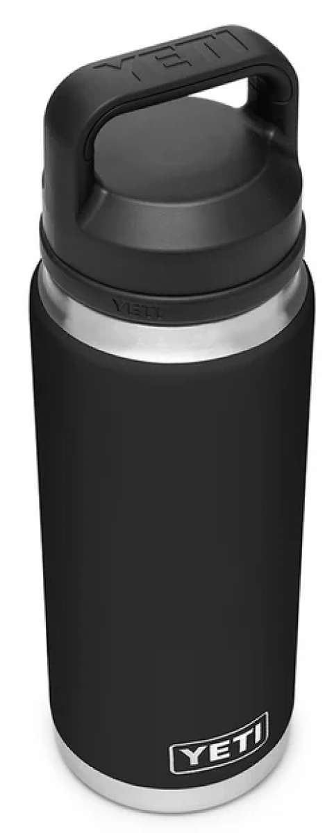 Yeti Rambler 26 oz. Bottle With Chug Cap - A black water bottle with a chug cap, featuring an embossed "YETI" logo on the side.