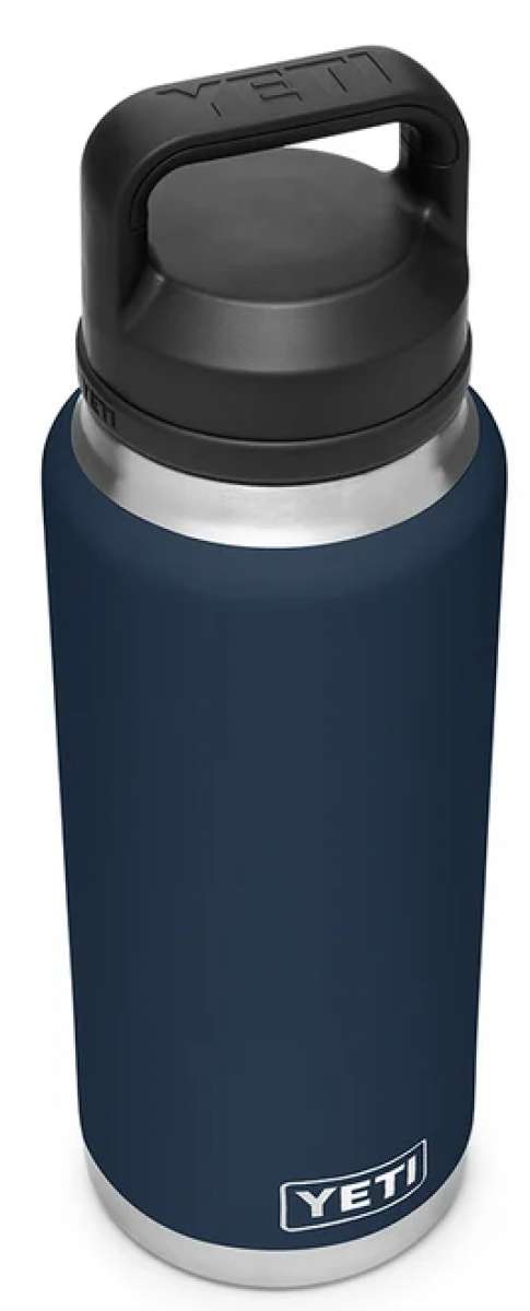 Yeti Rambler 36 oz. Bottle With Chug Cap - A navy blue water bottle with a black chug cap and silver base.