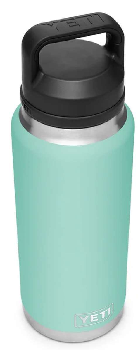 Yeti Rambler 36 oz. Bottle With Chug Cap - A stainless steel water bottle with a black chug cap and handle on top.