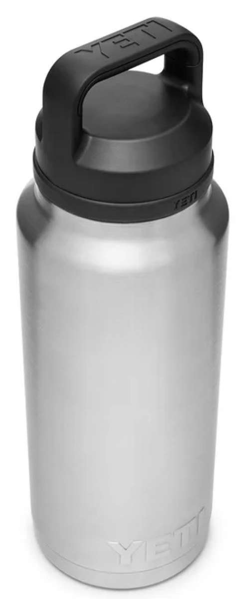 Yeti Rambler 36 oz. Bottle With Chug Cap - A stainless steel water bottle with a black chug cap and handle on top.