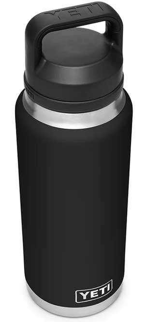 Yeti Rambler 36 oz. Bottle With Chug Cap - A black water bottle with a chug cap, featuring a handle on top and a silver band around its middle.