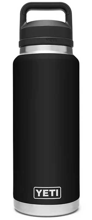 Yeti Rambler 36 oz. Bottle With Chug Cap - A stainless steel water bottle with a chug cap and handle on top, featuring a brushed metal finish.