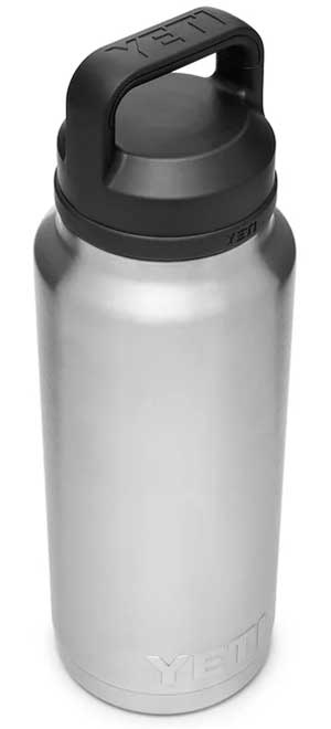 Yeti Rambler 36 oz. Bottle With Chug Cap - A stainless steel water bottle with a black chug cap and handle on top.