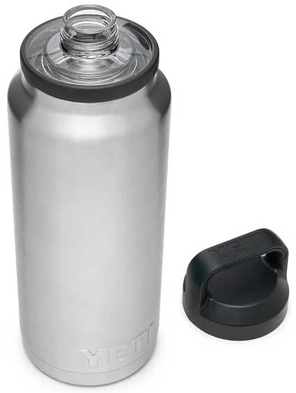 Yeti Rambler 36 oz. Bottle With Chug Cap - A silver-colored water bottle with a clear chug cap and black handle on top.