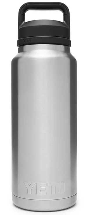 Yeti Rambler 36 oz. Bottle With Chug Cap - A stainless steel water bottle with a black chug cap and handle on top.
