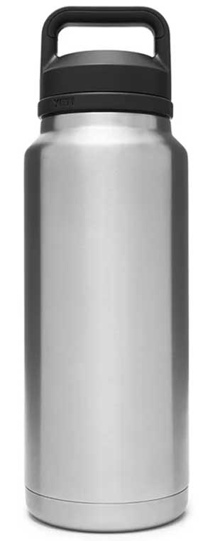 Yeti Rambler 36 oz. Bottle With Chug Cap - A stainless steel water bottle with a black chug cap and handle on top.