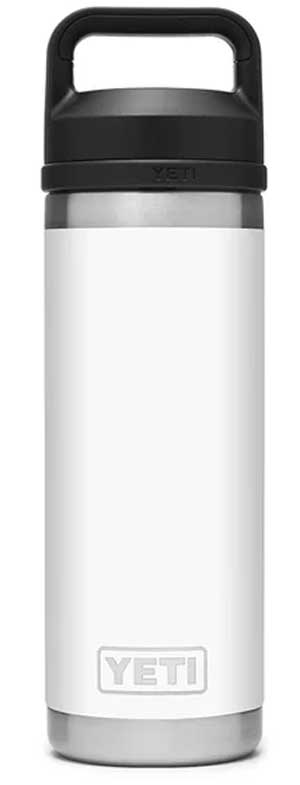 Yeti Rambler 18 oz. Water Bottle With Chug Cap - A white water bottle with a black chug cap and silver base.