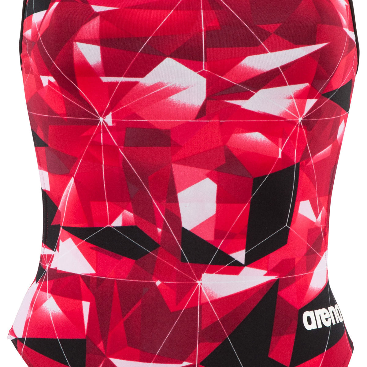 Arena Ladies' Polyatomic Light Tech Back One-Piece Swimsuit - A red swimsuit with a geometric pattern and black trim around the edges.