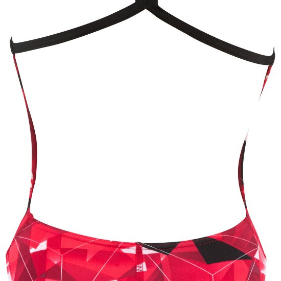 Arena Ladies' Polyatomic Light Tech Back One-Piece Swimsuit - A red swimsuit with a geometric pattern and white lines, featuring thin straps and a low back.