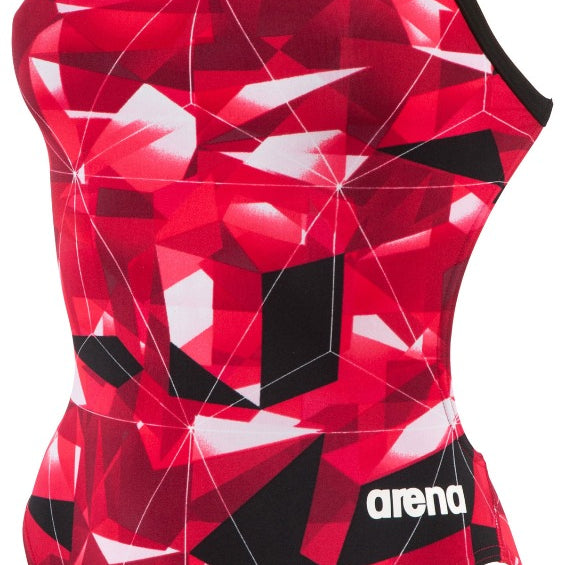 Arena Ladies' Polyatomic Light Tech Back One-Piece Swimsuit - A red swimsuit with a geometric pattern and black trim around the neckline.