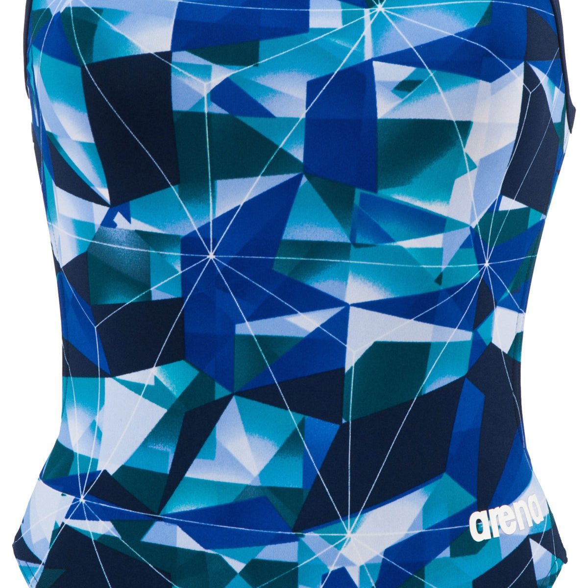 Arena Ladies' Polyatomic Light Tech Back One-Piece Swimsuit - A one-piece swimsuit with a geometric pattern in shades of blue and white, featuring thin straps and a low back.