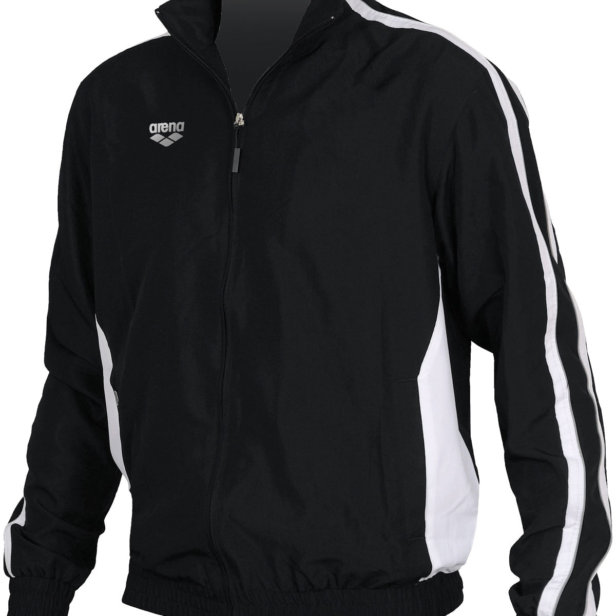 Arena Juniors' Tribal Warm-Up Jacket - A black jacket with a tribal pattern on the front and sleeves, featuring white accents and a zip-up closure.