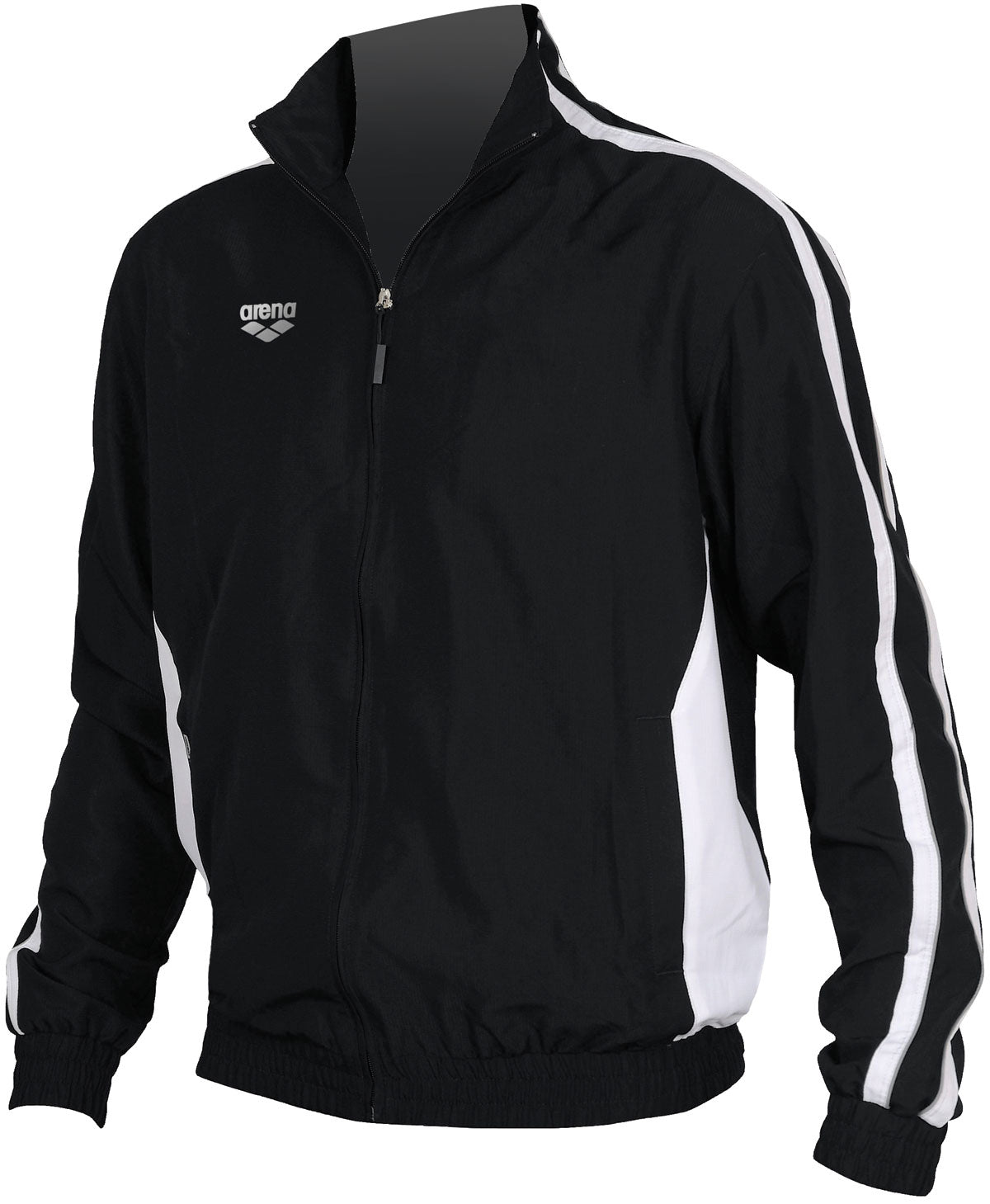 Arena Juniors' Tribal Warm-Up Jacket - A black jacket with a tribal pattern on the front and sleeves, featuring white accents and a zip-up closure.