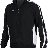 Arena Juniors' Tribal Warm-Up Jacket - A black jacket with a tribal pattern on the front and sleeves, featuring white accents and a zip-up closure.