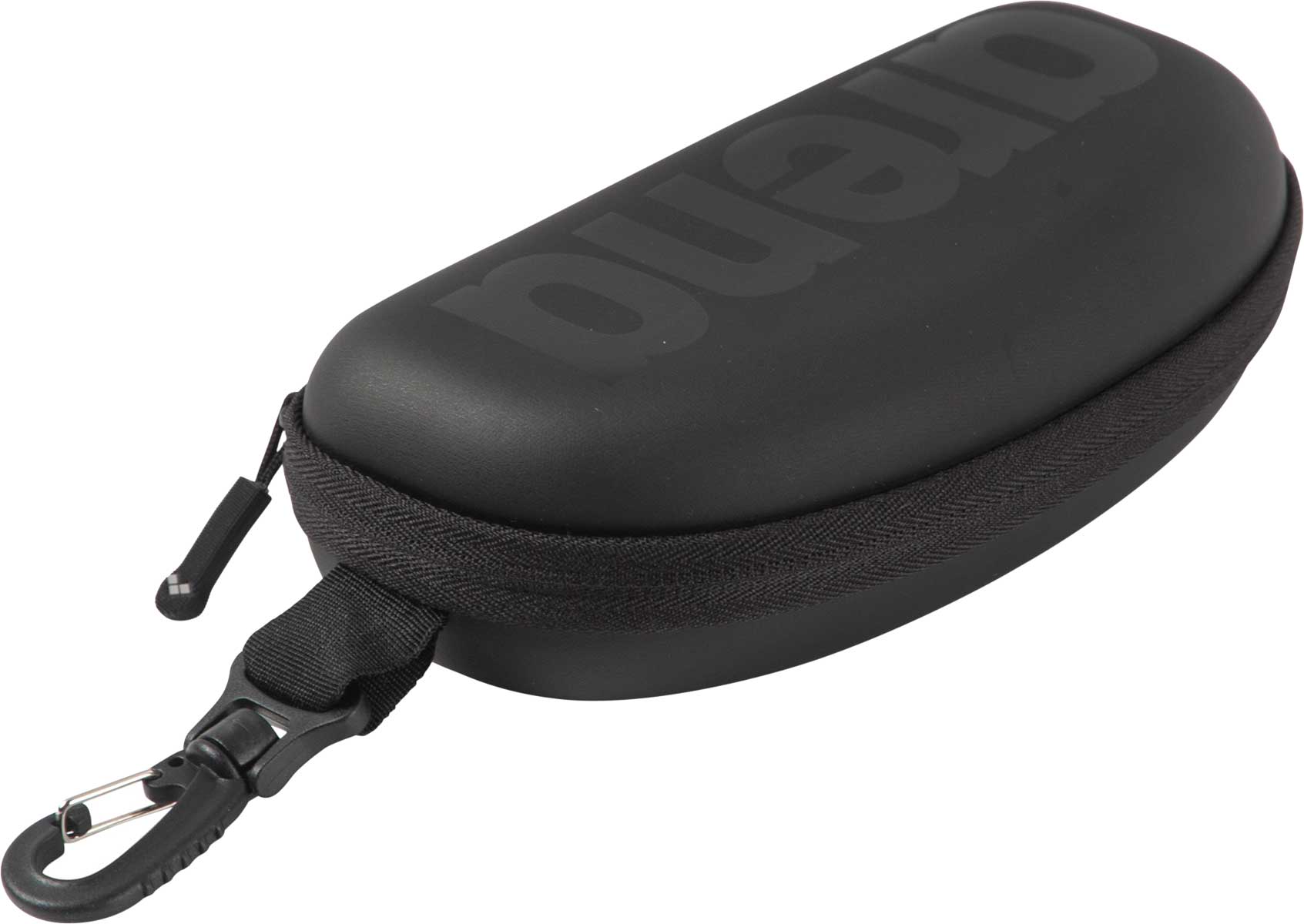 Arena Swim Goggle Case - Black zippered pouch with a handle on top, featuring a small logo and a rectangular shape.