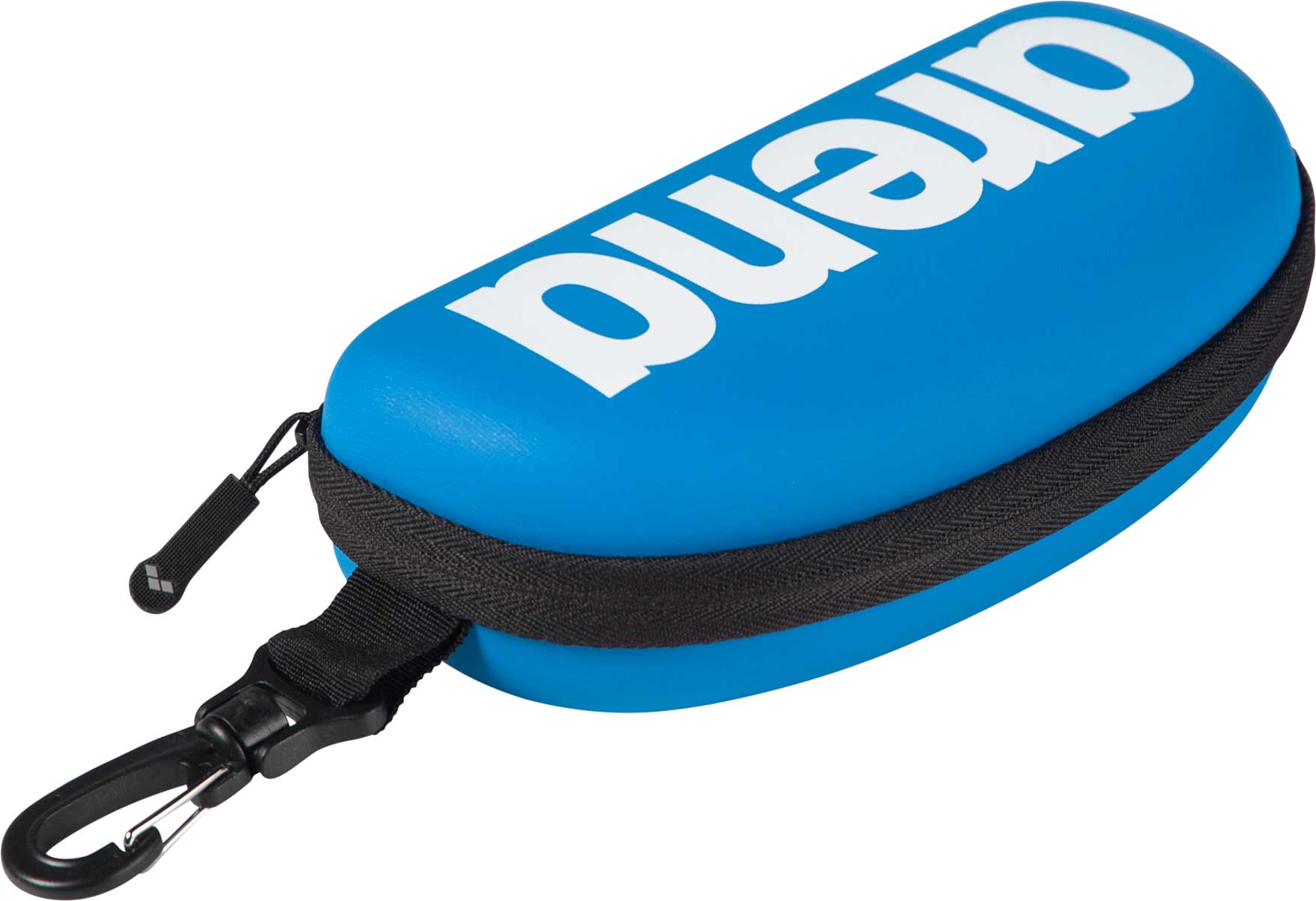 Arena Swim Goggle Case - Blue case with black zipper and strap, featuring a white logo on top.
