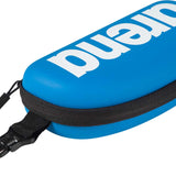 Arena Swim Goggle Case - Blue case with black zipper and strap, featuring a white logo on top.