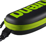 Arena Swim Goggle Case - Black case with lime green zipper and strap.
