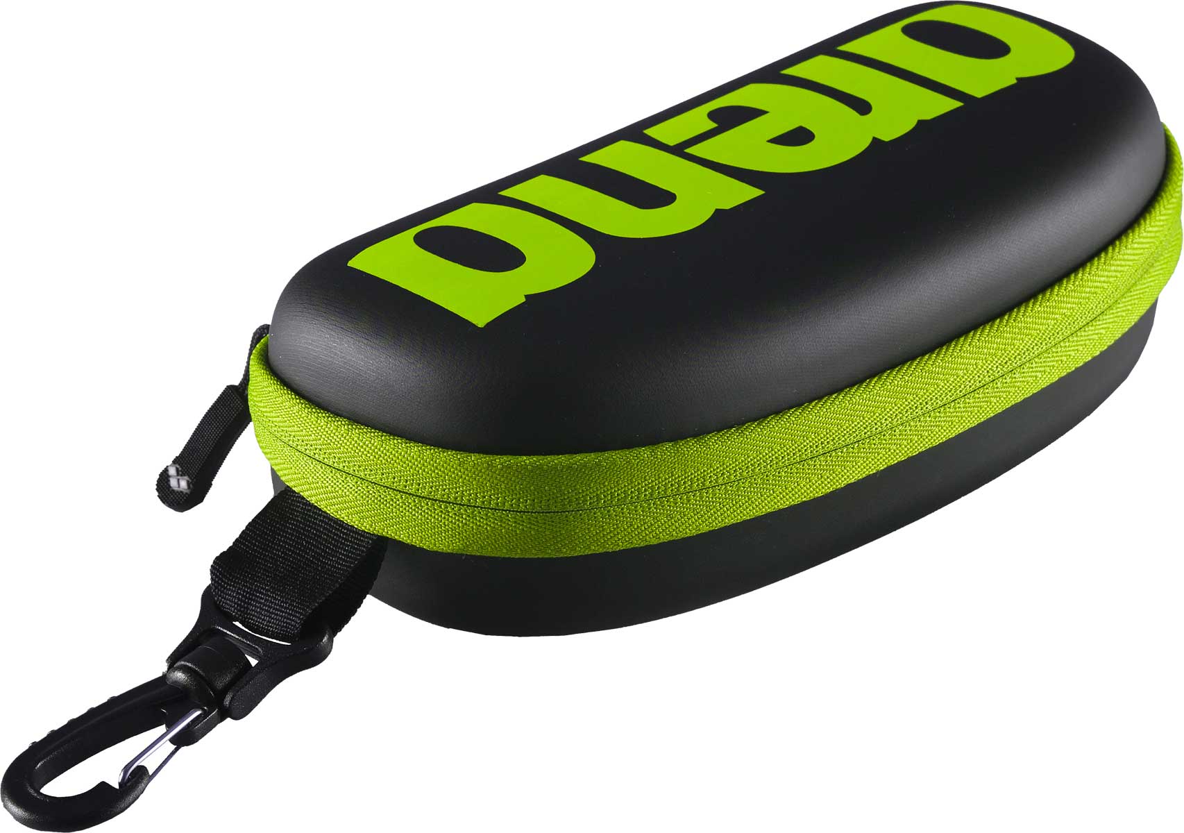 Arena Swim Goggle Case - Black case with lime green zipper and strap.