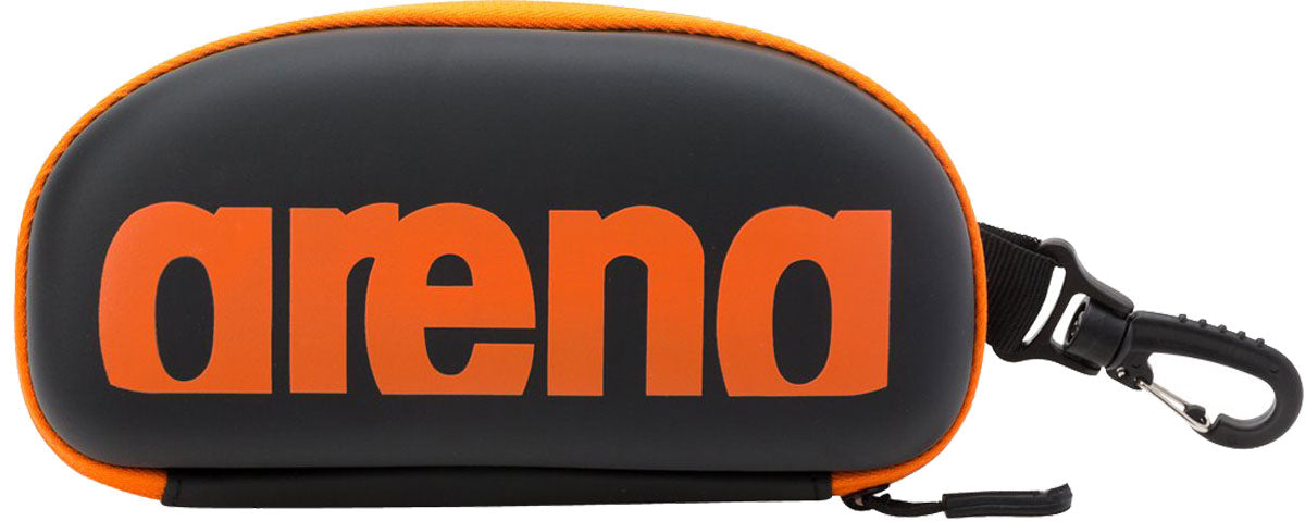 Arena Swim Goggle Case - Black case with orange trim and a black strap.