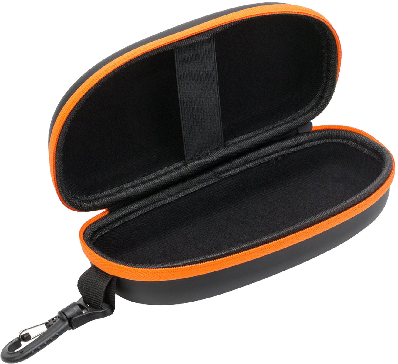 Arena Swim Goggle Case - Black case with orange zipper and handle, open to show interior lining.