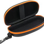 Arena Swim Goggle Case - Black case with orange zipper and handle, open to show interior lining.