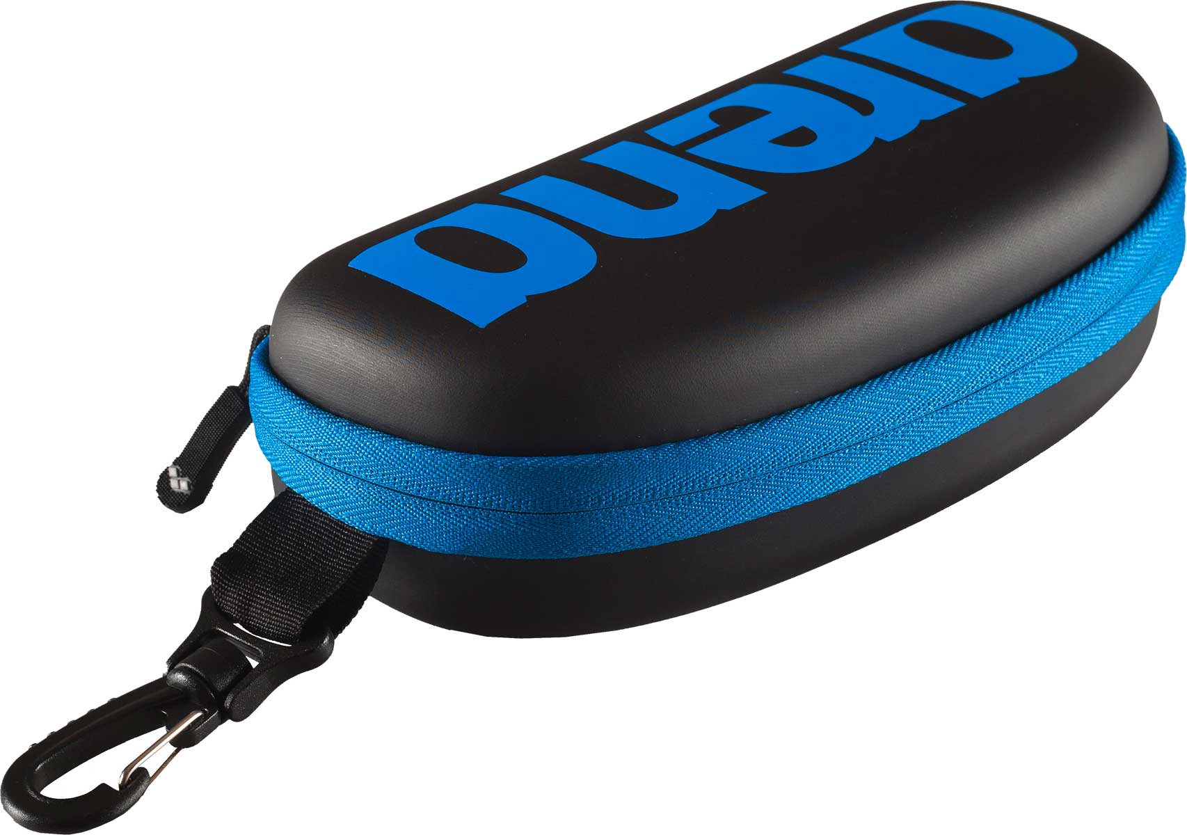 Arena Swim Goggle Case - Black case with blue zipper and logo on top, lying flat with strap attached to bottom left corner.