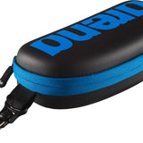 Arena Swim Goggle Case - Black case with blue zipper and logo on top, lying flat with strap attached to bottom left corner.