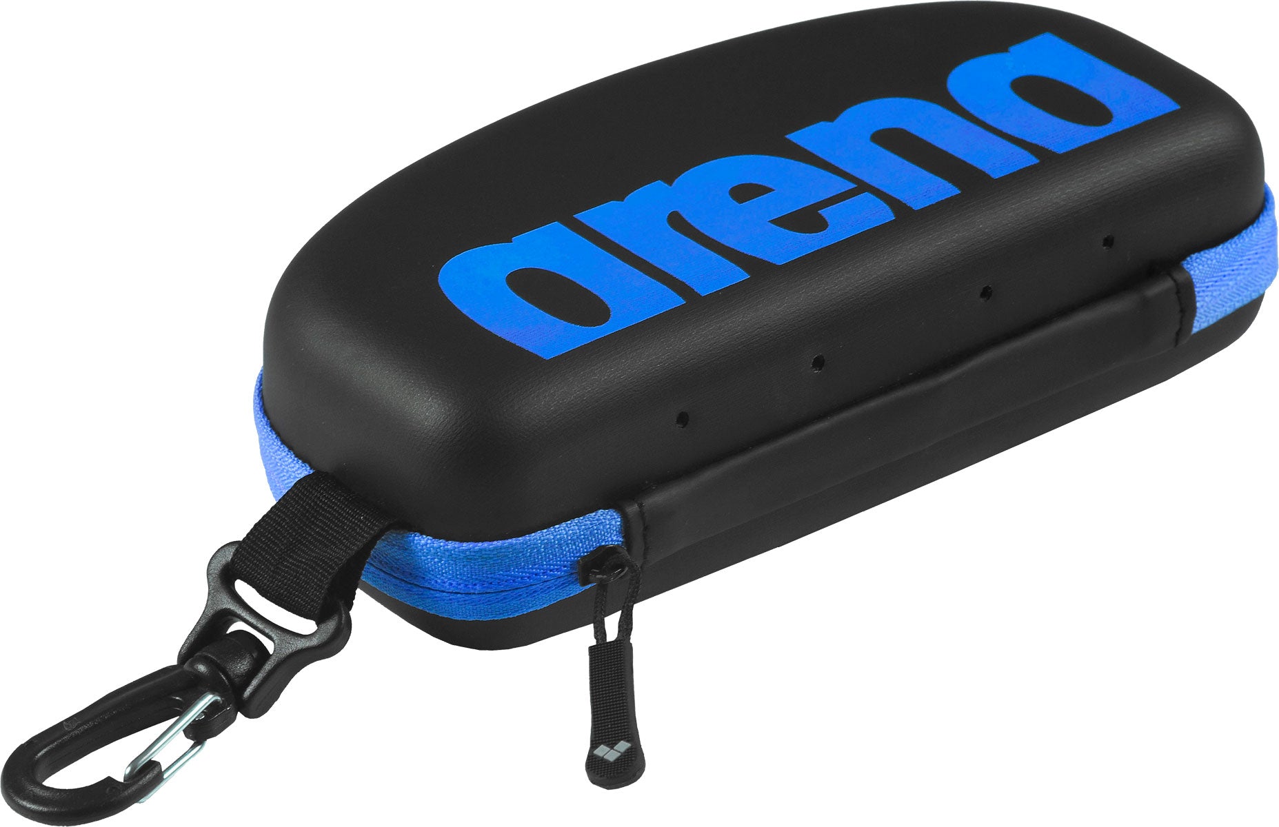 Arena Swim Goggle Case - Black case with blue strap and zip closure.