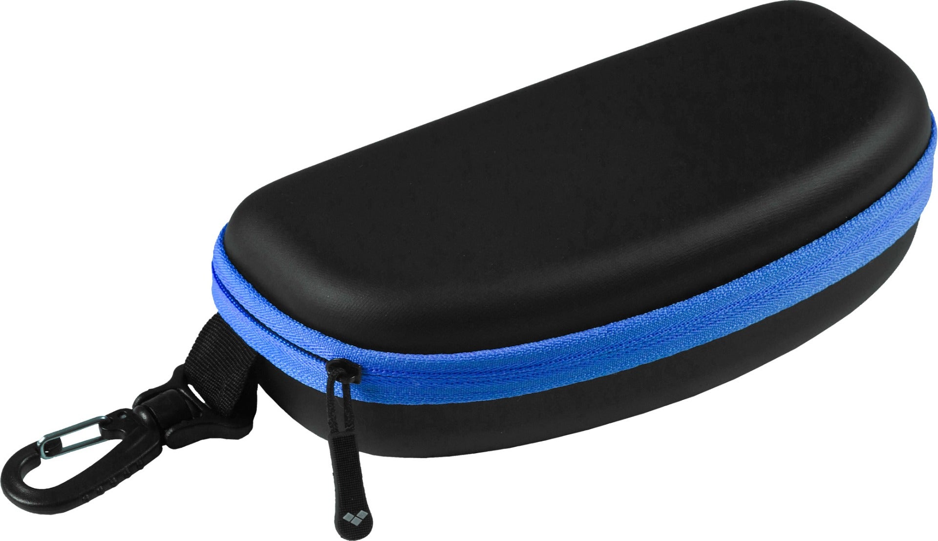 Arena Swim Goggle Case - Black case with blue zipper and black strap.