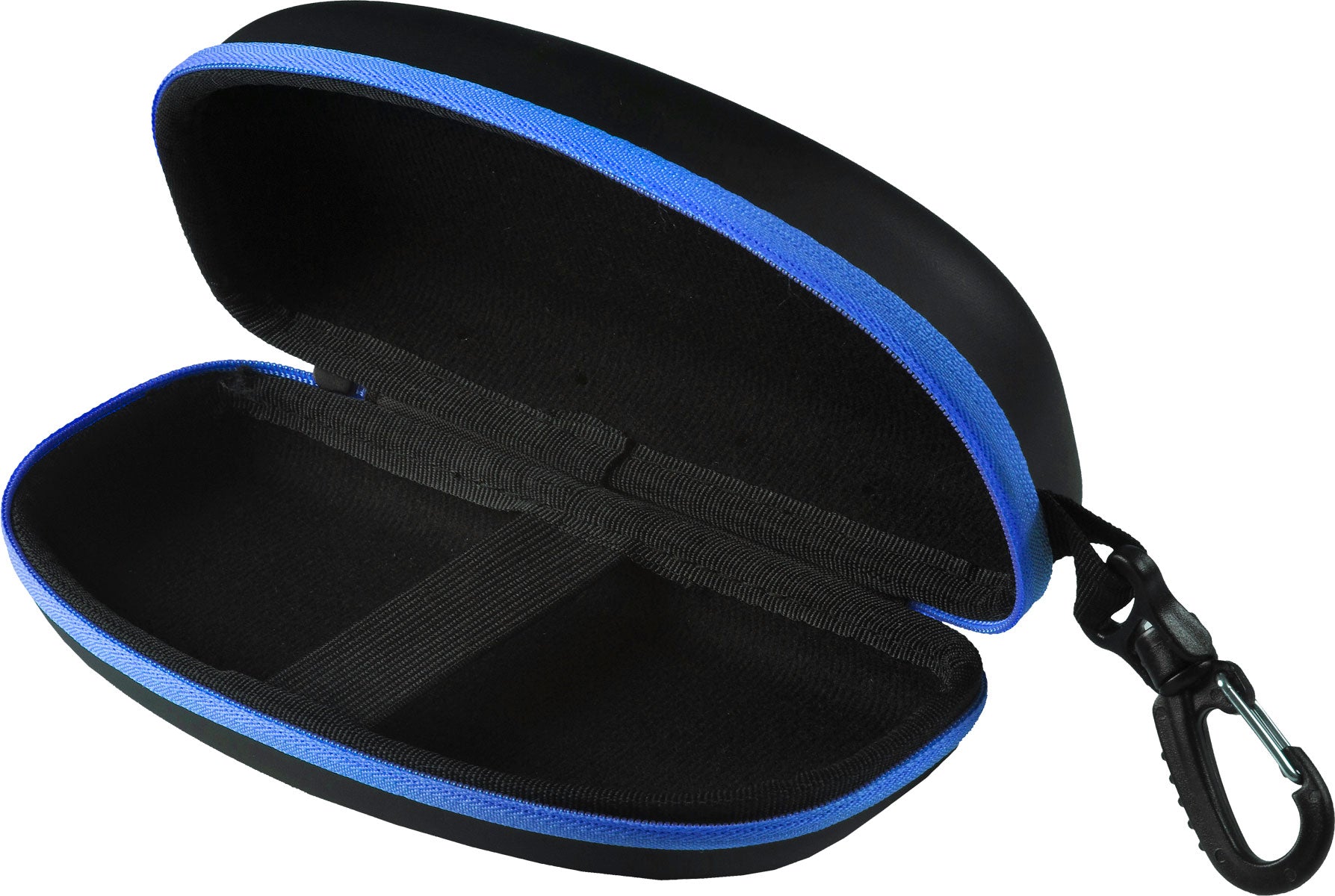 Arena Swim Goggle Case - Black case with blue zipper and elastic strap closure.