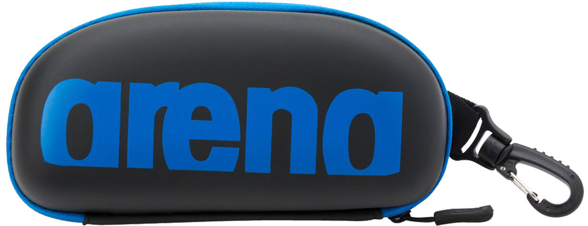 Arena Swim Goggle Case - Black case with blue trim and a black strap.