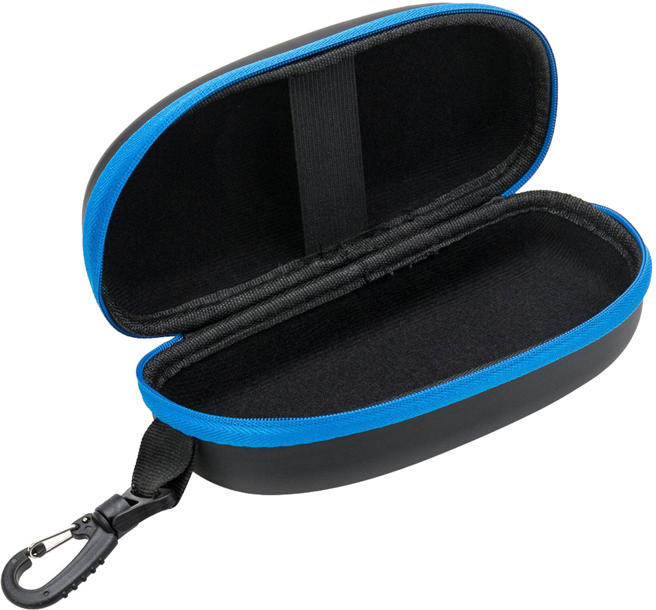 Arena Swim Goggle Case - Black zippered case with blue trim, open to show interior lining.
