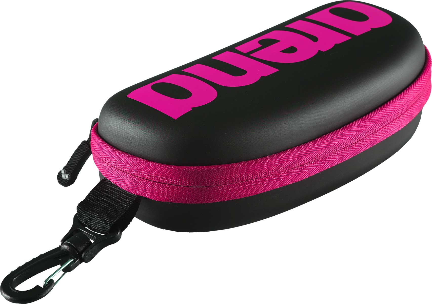 Arena Swim Goggle Case - Black case with pink zipper and logo on top.