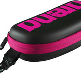 Arena Swim Goggle Case - Black case with pink zipper and logo on top.