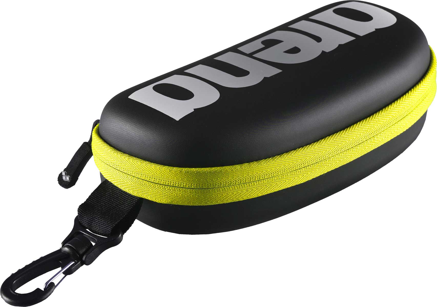 Arena Swim Goggle Case - Black case with zippered closure and yellow trim.