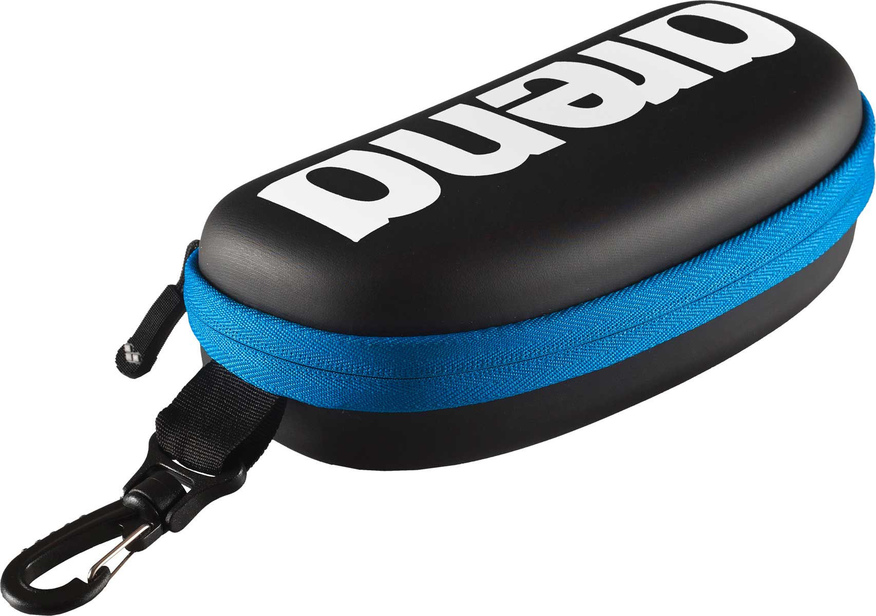 Arena Swim Goggle Case - Black case with a blue zipper and strap.
