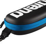 Arena Swim Goggle Case - Black case with a blue zipper and strap.