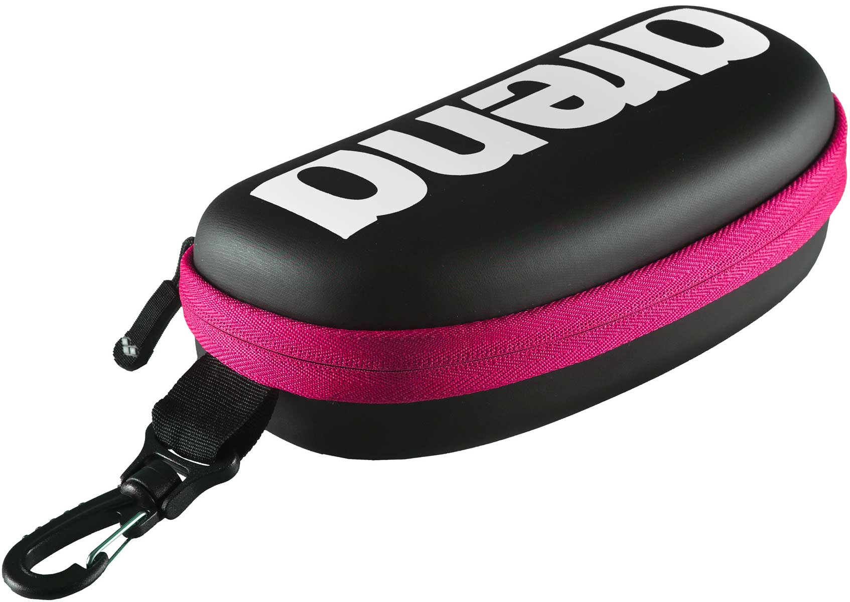 Arena Swim Goggle Case - Black case with zippered closure and pink interior lining.