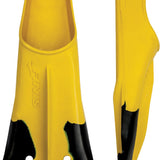 Finis Z2 Gold Zoomers Training Swim Fins - These bright yellow training fins feature a distinctive black strap and have a sleek, streamlined design.