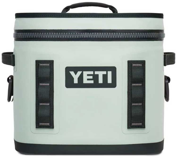 Yeti Hopper Flip 12 Personal Cooler - A light gray cooler with a zipper closure and two handles on either side, featuring a rectangular shape and a small handle at the top.