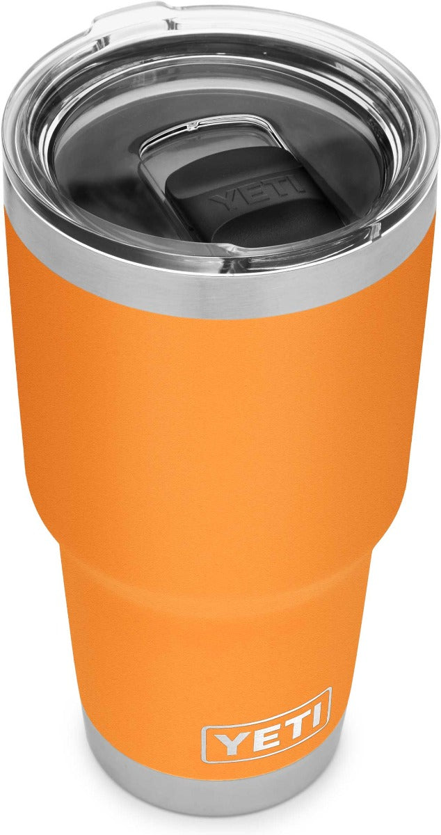 Yeti Rambler 30 oz. Tumbler with Magslider Lid - A stainless steel tumbler with a silver lid and a sliding closure.