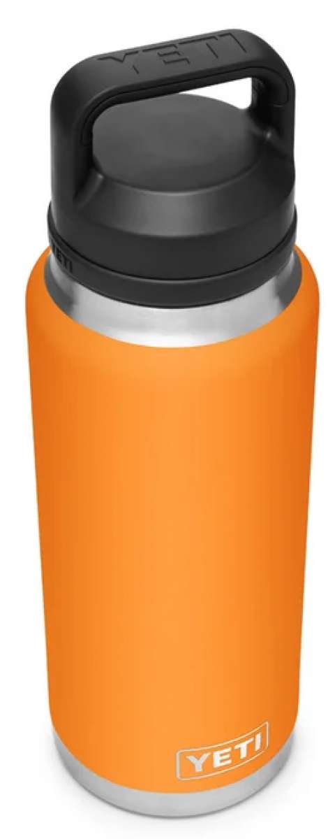 Yeti Rambler 36 oz. Bottle With Chug Cap - A stainless steel bottle with a black chug cap and handle, featuring an embossed "YETI" logo on the side.