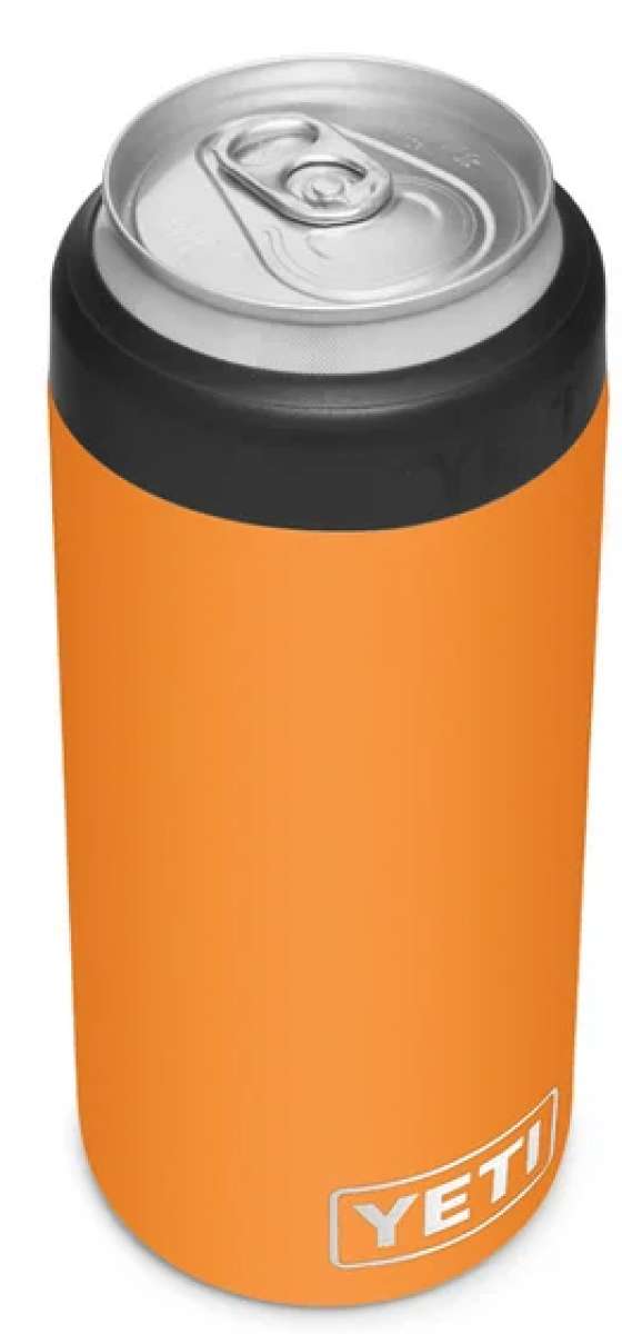 Yeti Rambler 12 oz. Colster Slim Can Insulator - A slim can insulator with a silver lid and a black rubber band around it, featuring the word "YETI" in white letters on one side.