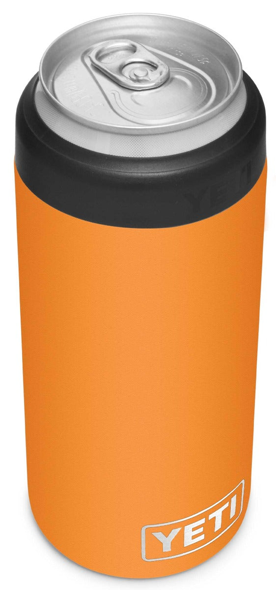 Yeti Rambler 12 oz. Colster Slim Can Insulator - A slim can insulator with a silver lid and a black rubber band around it, featuring the word "YETI" in white letters on one side.