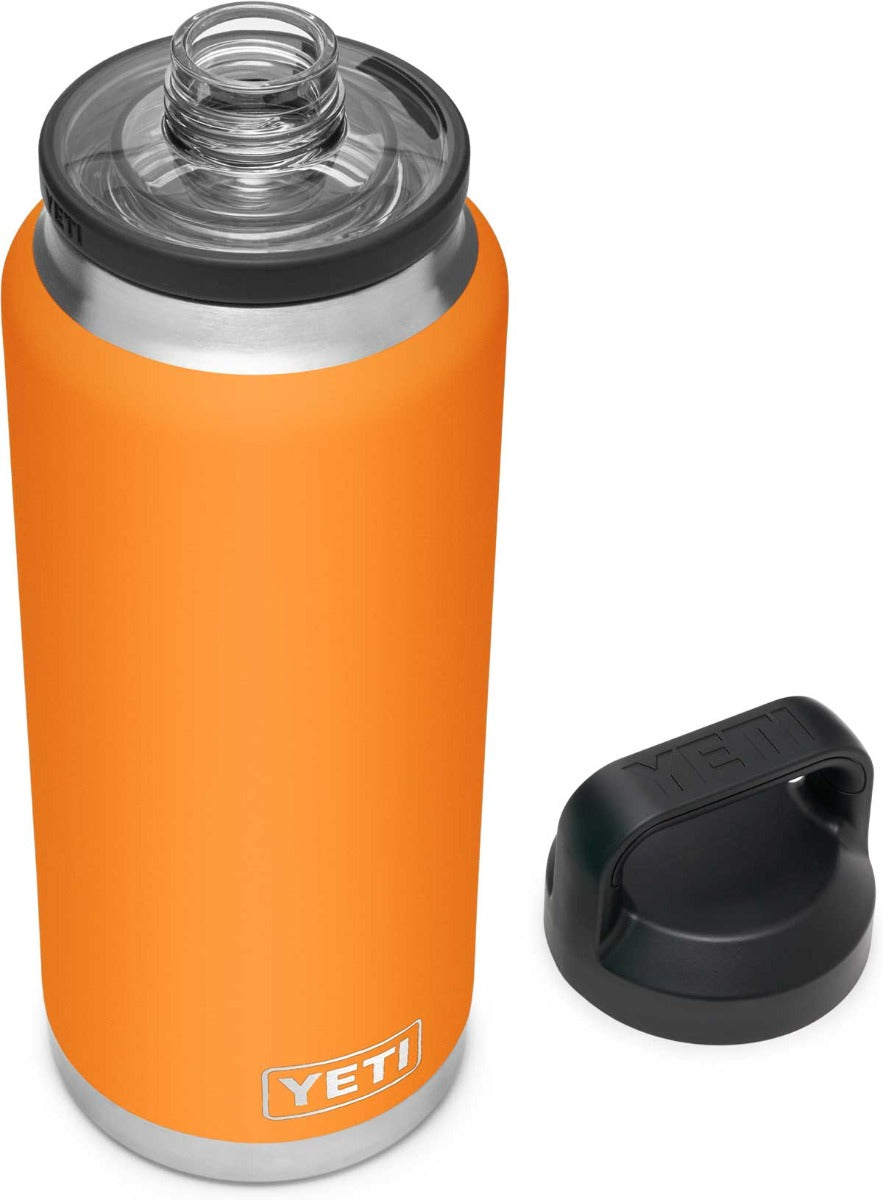 Yeti Rambler 36 oz. Bottle With Chug Cap - A stainless steel water bottle with a screw-on lid and chug cap, featuring a silver color and a cylindrical shape.