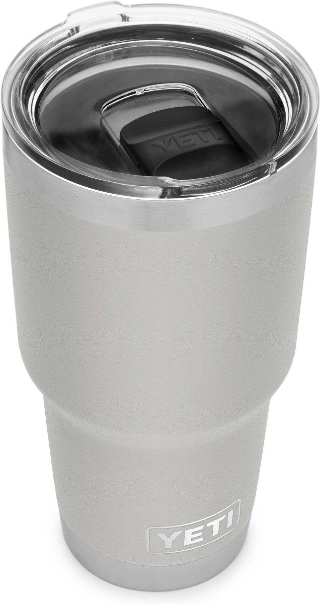 Yeti Rambler 30 oz. Tumbler with Magslider Lid - A stainless steel tumbler with a clear lid and a silver handle on top.